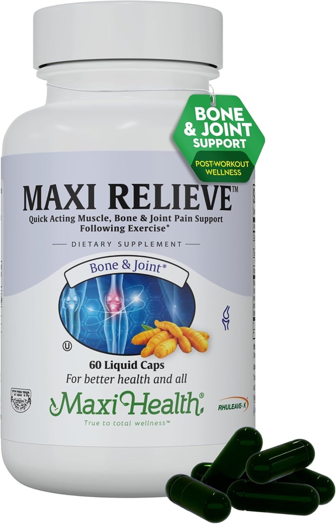 Maxi Health Relieve Joint Support Supplément avec Turmeric et Boswellia Serrata, Quick-Acing Support Après l'exercice, Végétarien Non-OGM Bone & Joint Health Supplément pour les hommes et les femmes, 60 Capsules