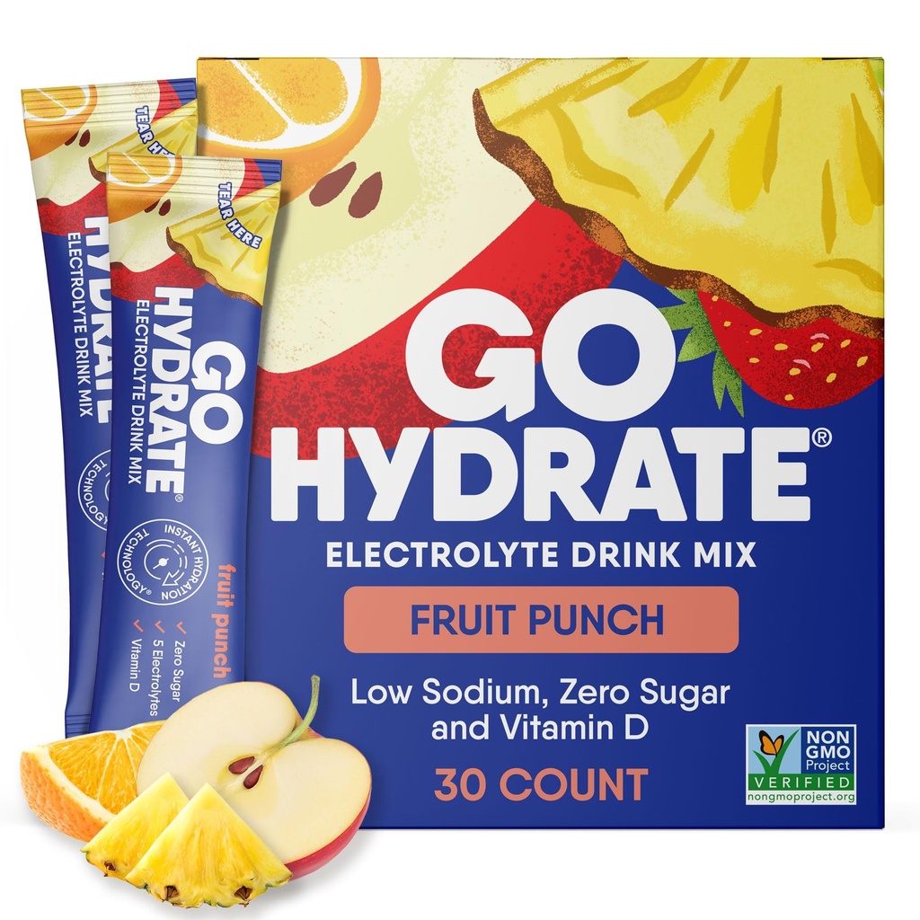 GoHydrate Powder Packets d'hydratation instantanée - faible teneur en sodium électrolytes boisson mélange - Natural Hydratation Support, sans sucre électrolyte boisson en poudre aromatisée avec vitamine D, 30 paquets, punch de fruits