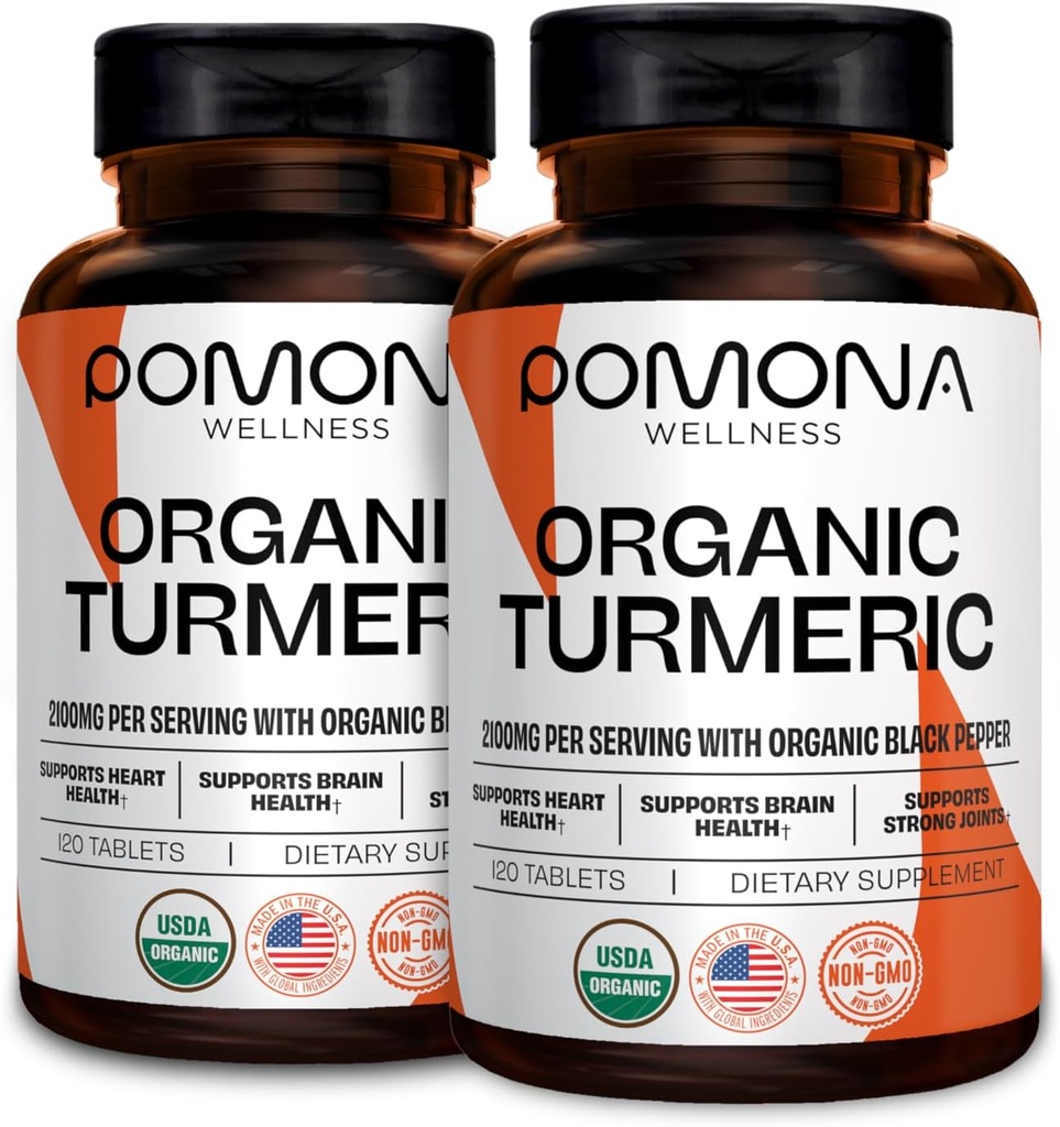Pomona Wellness Supplément curcuma biologique 2100 mg, USDA Organic, non-OGM, végétalien, curcumine curcuma avec poivre noir pour l'absorption, pour le soutien des articulations et l'immunité, 240 comprimés (2 pack)