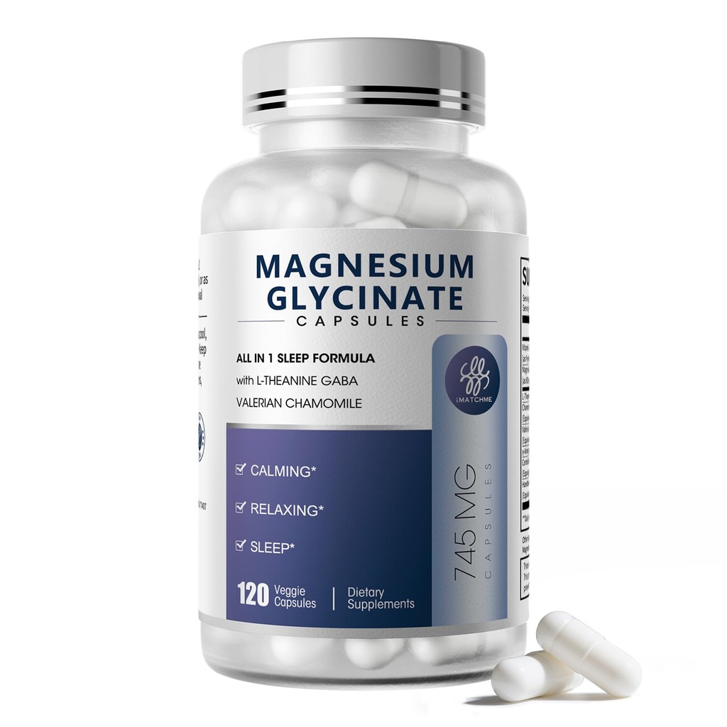 Glycinat de magnésium 850mg Capsules avec L-Theanine, Camomille et GABA pour le sommeil, le calme, le muscle, la santé osseuse et le soutien immunitaire, Magnésium pour les femmes et les hommes, Vegan, Haute absorption, 120 Compte