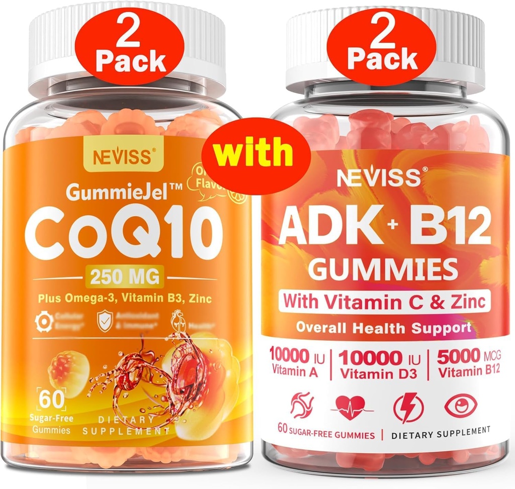 NEVISS 2Pack CoQ10-250mg Filled Gummies + 2Pack Vitamin ADK with B12 Gummies