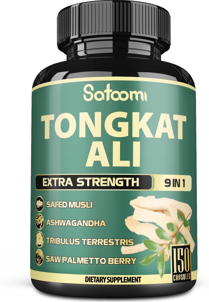 Satoomi 9in1 Extrait de racine de Tongkat Ali 200:1 - Ashwagandha, Tribulus Terrestris - 150 gélules pendant 5 mois - Soutien de la force, de l'énergie et de la santé immunitaire
