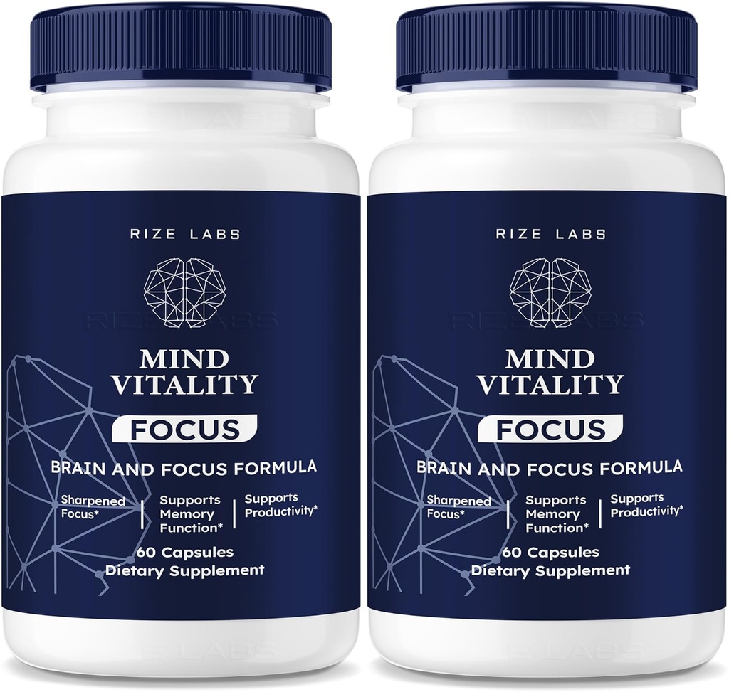 Rize labs Mind Vitality Focus Cerveau Supplément, Vitalité mentale officielle pour stimuler la concentration et la concentration et éviter la fatigue du milieu de l'après-midi, la vitalité mentale Formule avancée (120 capsules) (Pack de 2)
