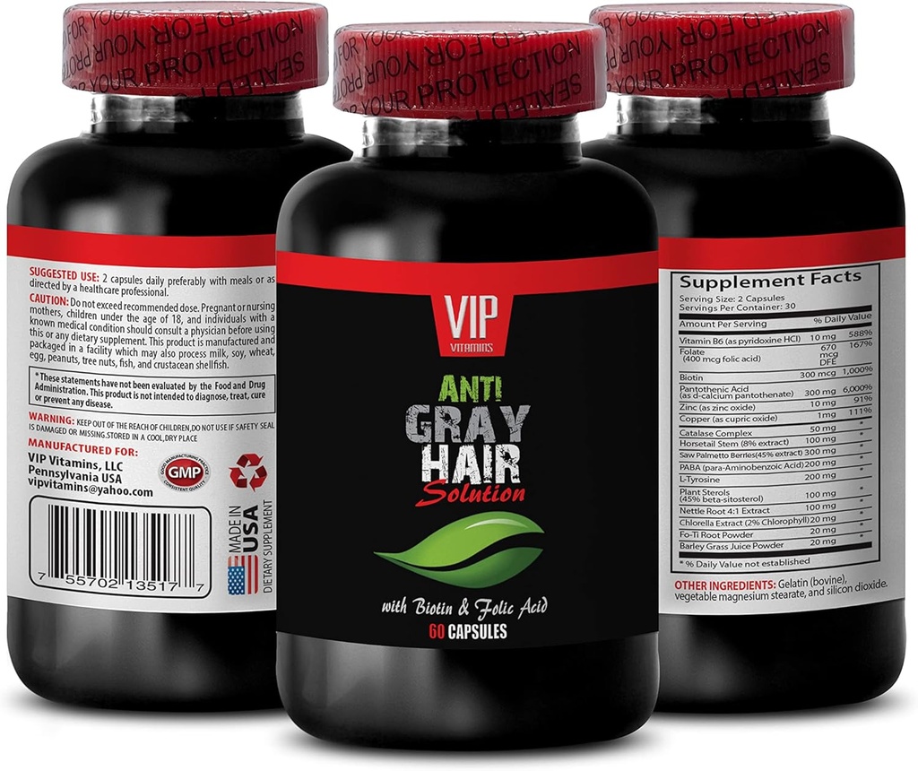 Rejuvenation Beauty - Gray Hair Solution - avec BIOTIN & FOLIC Acid - Nettles Capsules, supplément de paba, supplément de cheveux gris, supplément de folate pour les femmes, vitamines pour les cheveux gris, 1B 60 Caps