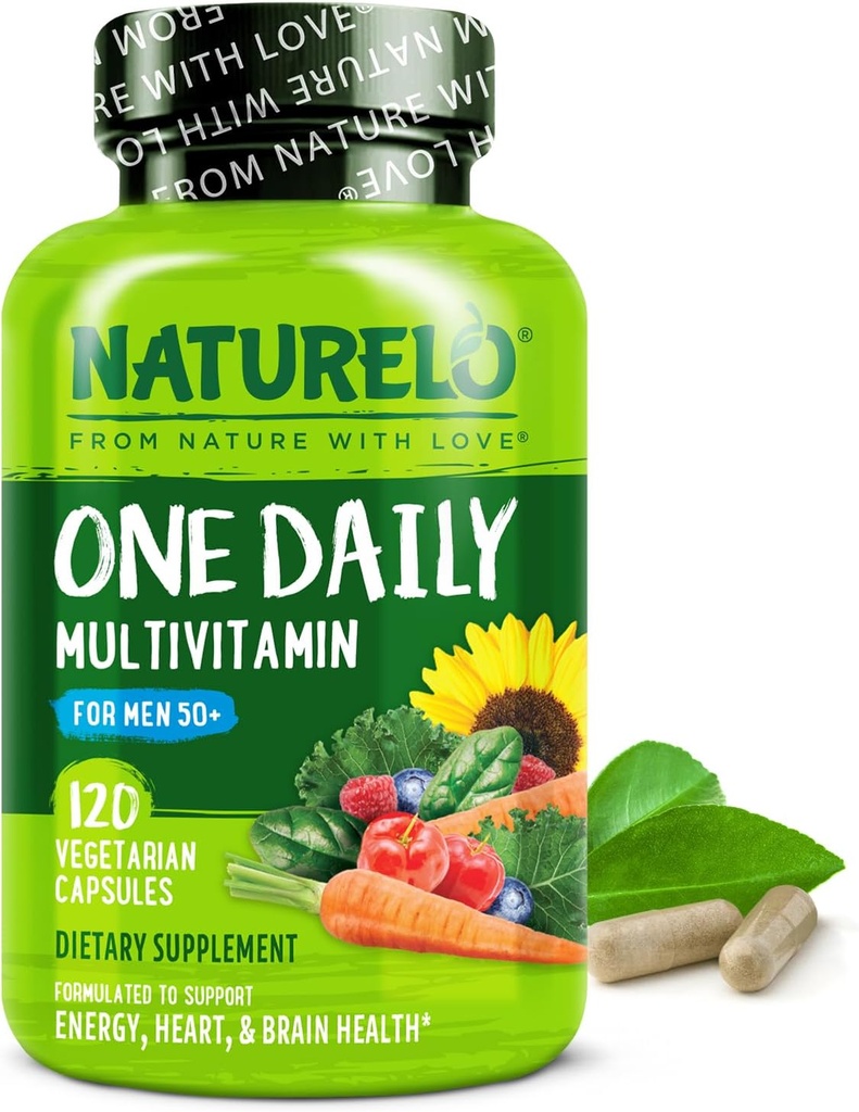 NATURELO Hommes Multivitamines pour les hommes 50+ - Une multivitamine quotidienne pour les hommes avec des vitamines, des minéraux et des aliments organiques entiers, stimuler l'énergie et la santé, non-OGM, 120 capsules végétariennes