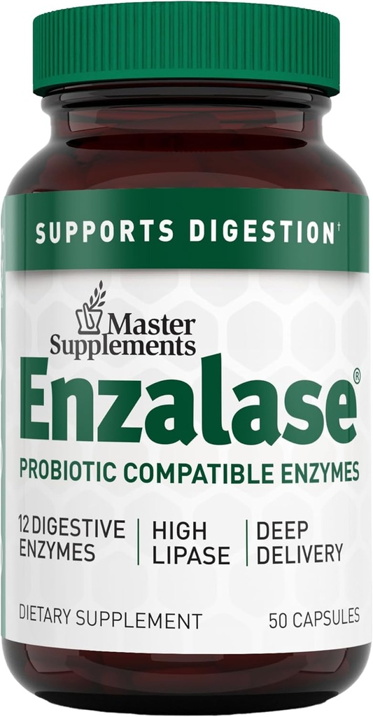 Master Supplements Enzalase - 50 Capsules - Enzymes compatibles Probiotiques - Fournit un boost digestif + du gaz et du dégel - Sans gluten - 50 portions