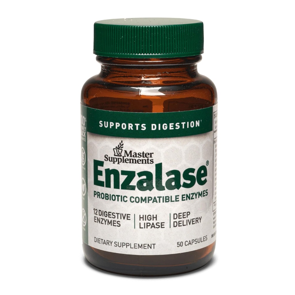 Master Supplements Enzalase - 50 Capsules - Enzymes compatibles Probiotiques - Fournit un boost digestif + du gaz et du dégel - Sans gluten - 50 portions