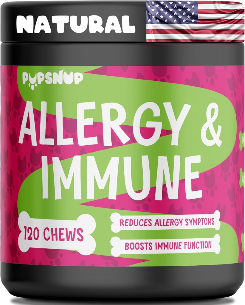 PupSnup- Allergies et Immune Probiotiques pour chiens- Allergies pour chiens Chews, Allergies saisonnières, Supplément de peau et de manteau 120 Soft Chews- Fabriqué aux États-Unis