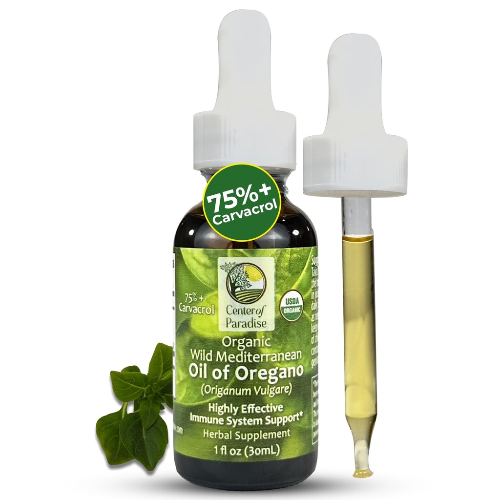 Centre du Paradis Huile de Méditerranée sauvage d'Origan avec 75%+ Carvacrol (1 fl oz) Huile d'Origan certifiée gouttes organiques dans l'huile d'olive vierge extra pour immune* & Respiratoire* support, environ 450 portions