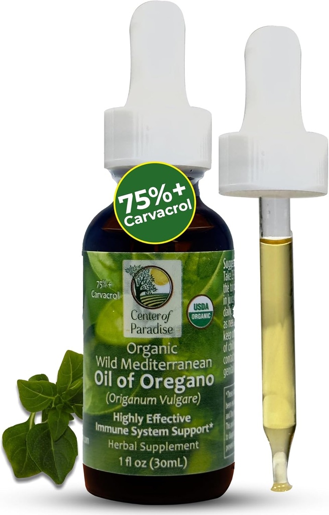 Centre du Paradis Huile de Méditerranée sauvage d'Origan avec 75%+ Carvacrol (1 fl oz) Huile d'Origan certifiée gouttes organiques dans l'huile d'olive vierge extra pour immune* & Respiratoire* support, environ 450 portions