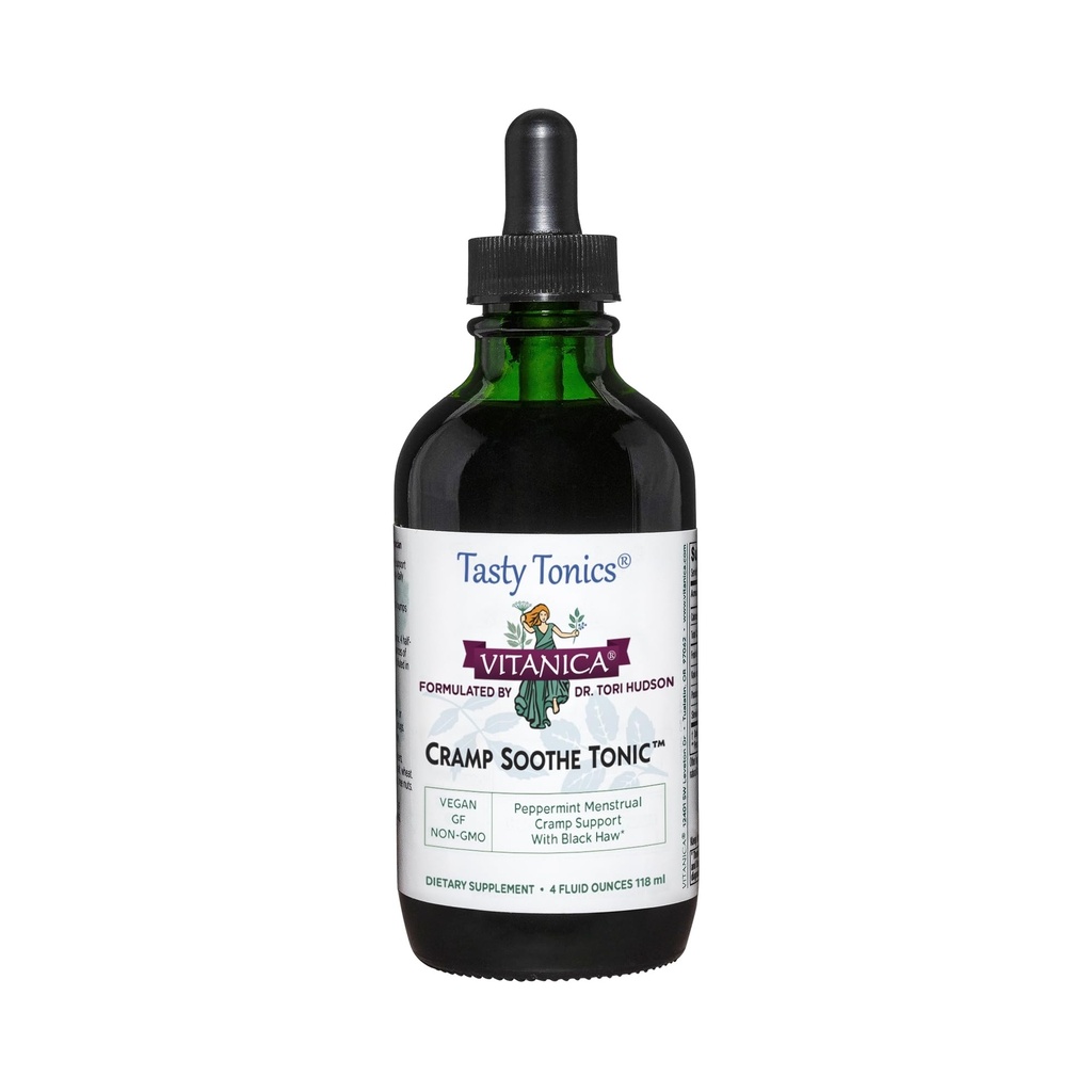 Vitanica Cramp Soothe Tonic, Dr Formulé Menstrual Cramp Support, avec Black Haw Bark, Valerian Root, Ginger Root, et Garrya Herb, Sans alcool, Vegan, 4 Once