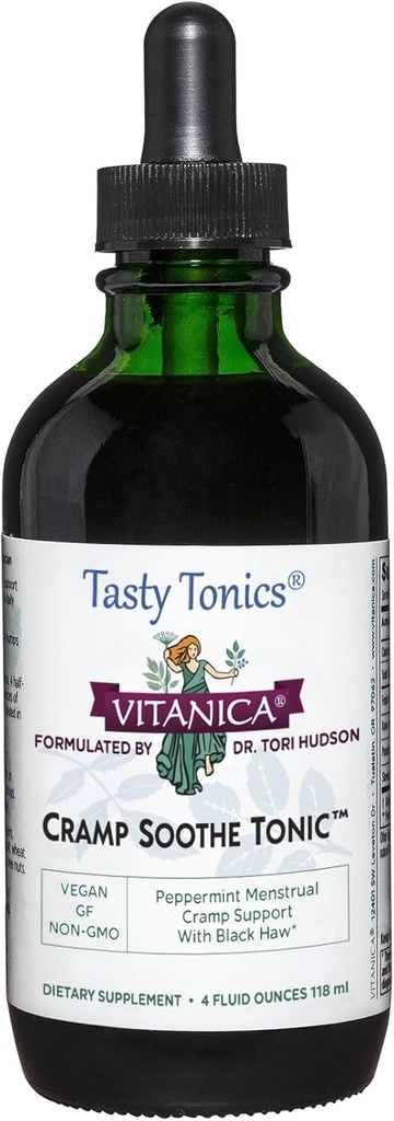 Vitanica Cramp Soothe Tonic, Dr Formulé Menstrual Cramp Support, avec Black Haw Bark, Valerian Root, Ginger Root, et Garrya Herb, Sans alcool, Vegan, 4 Once