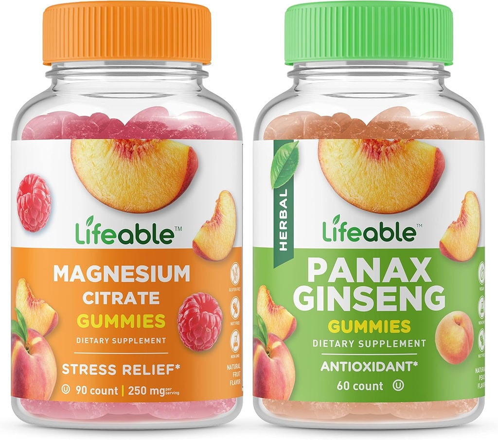 Magnésium Lifeable 85mg + Ginseng Panax, Gommies Bundle - Grande dégustation, supplément de vitamine, sans gluten, sans OGM, gommy à croquer