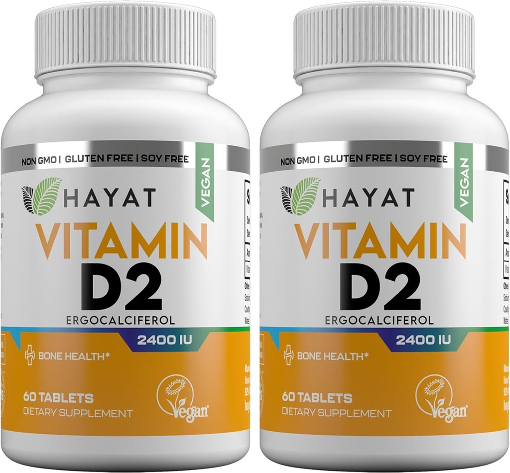 HAYAT Vitamins Vegan Natural Vitamin D 2400 IU, D2, Certified Halal (Pack of 2)