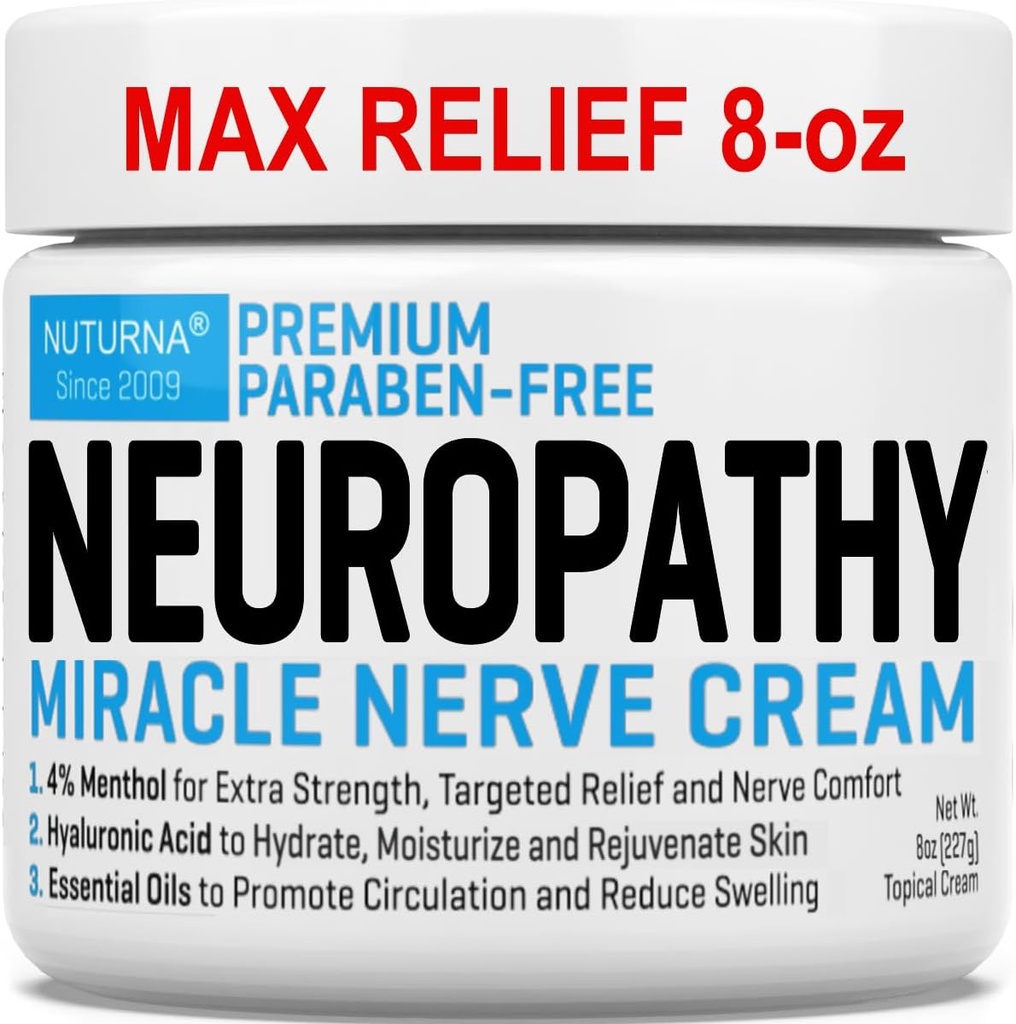 Neuropathie Nerve Relief Cream - Premium Nerve Cream 3X Action pour un soulagement ciblé et un confort apaisant de la nerve - Force maximale avec 4% de menthol, MSM pour les pieds Jambes orteils et dos - Super Large 8 Oz