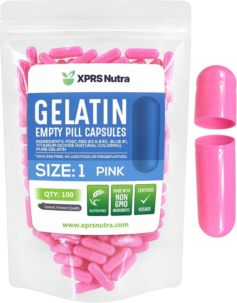 XPRS Nutra Taille 1 Capsules vides - 100 Compte Capsules de gélatine vides - Pills pour le remplissage de la gélule de bricolage - Pure Pill Gel Caps pour Do-It-Youlf Suppléments (Pink)