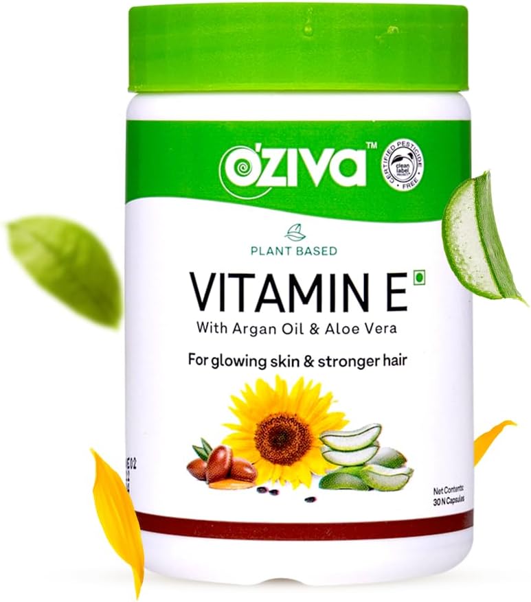 OZiva à base végétale 100% Vitamine naturelle E + Aloe Vera + huile d'argan pour la peau Glowing et cheveux plus forts, 30 capsules de veg, non OGM