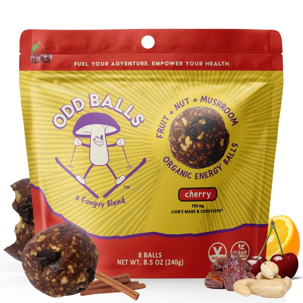 ODD BALLS Bio Energy Balls Cerise - Superfood Mushroom Snack - Course, cyclisme, randonnée - Gels, Bars Alternative - Lion's Mane Focus, Cordyceps Energy - Vegan, Collations sans gluten pour les enfants et les adultes (8.5 oz, cerise)