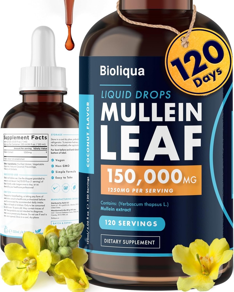 Bioliqua Mullein gouttes pour les poumons - haute résistance de 150 000mg par 4fl oz Teinture - 120 portions à 1 250mg par dose - Lung Detox & Bronchial Cleanse - Saveur de noix de coco