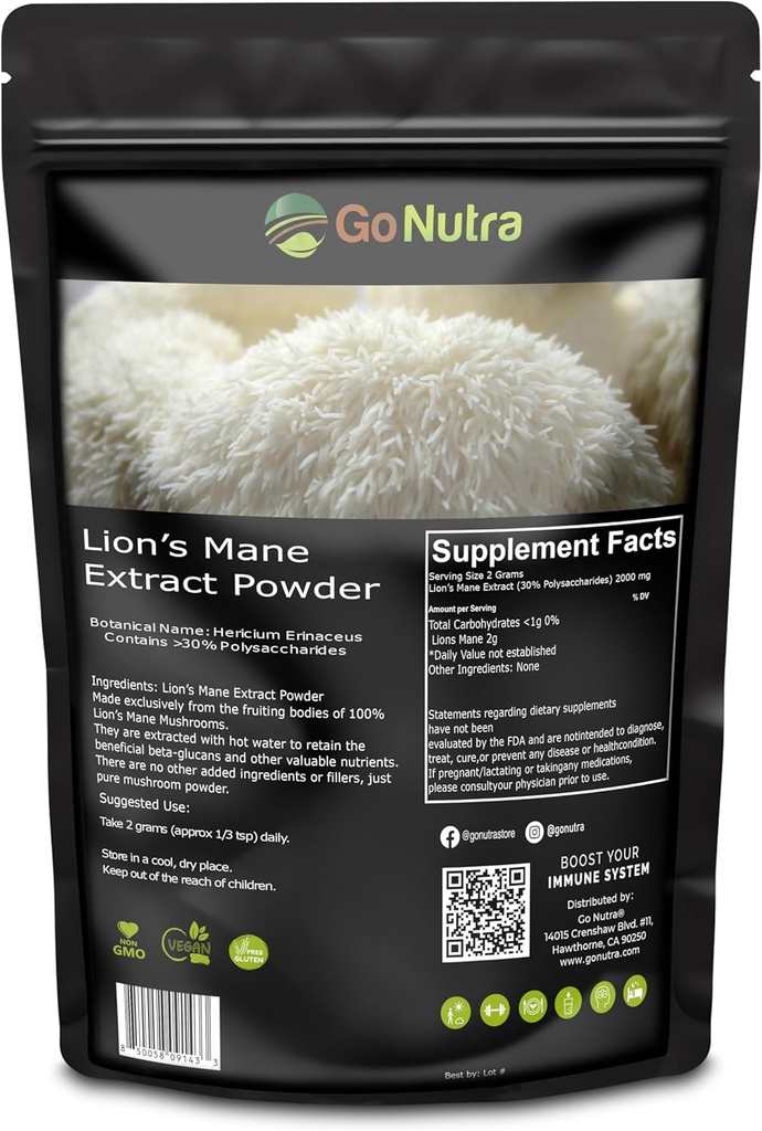 Go Nutra - Poudre de Mane de Lion, Potentiel 10:1 Poudre de Champignon de Lion avec 30% de polysaccharides, Extrait de Mane de Lion pur pour thé, jus, eau, et plus, Non-OGM, Vegan, 8 oz
