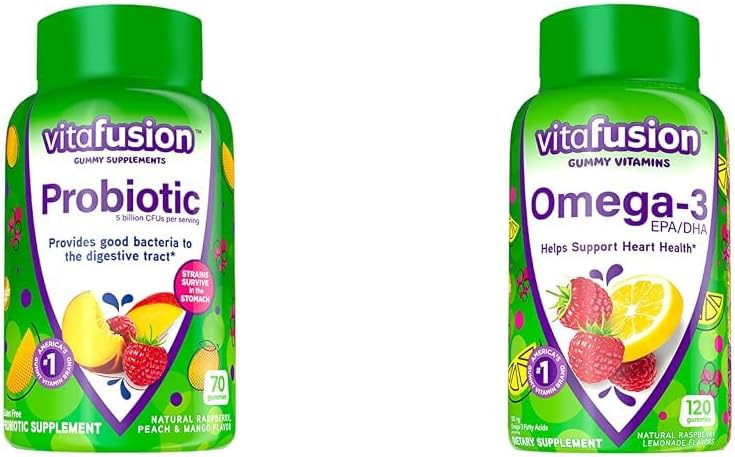 Suppléments gommy probiotiques de Vitafusion, framboise, pèche et mangues et vitamines oméga-3 gommy, limonade aromatisée, vitamines de santé cardiaque(1) avec oméga