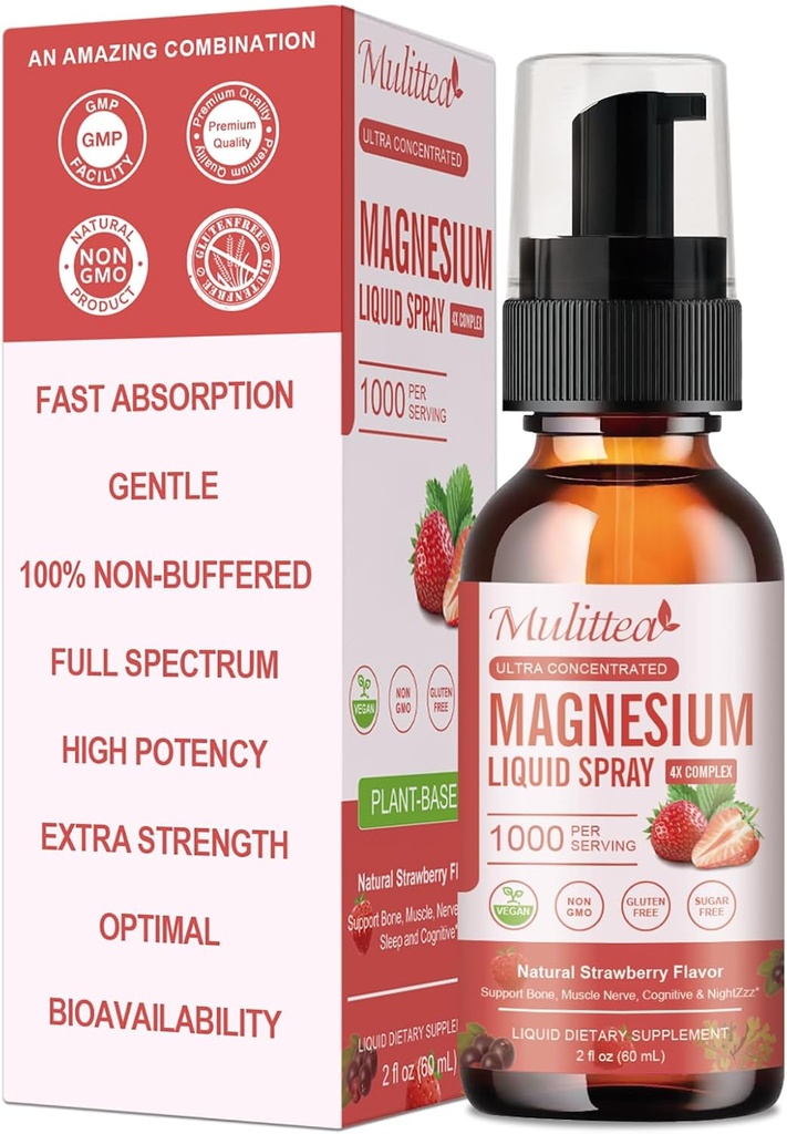 Vaporisateur liquide à glycine de magnésium avec citrate, oxyde et malate, magnésium avec vitamine entière, L-Theanine, D3K2, B6 pour coeur, crampes des jambes, Muscles et énergie- Sans sucre fraise, 2 Fl Oz
