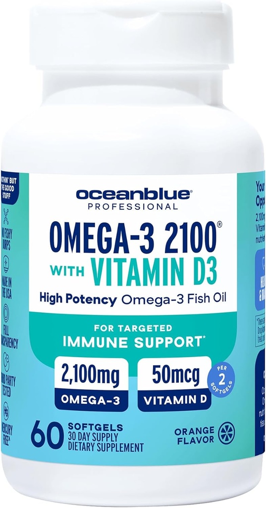 Oceanblue Professional Omega-3 2100 avec vitamine D3 – 60 ct – Supplément d'huile de poisson sans Burpless triple résistance avec haute puissance EPA, DHA, DPA et vitamine D3 – Wild-Caught – Orange Saveur (30 portions)
