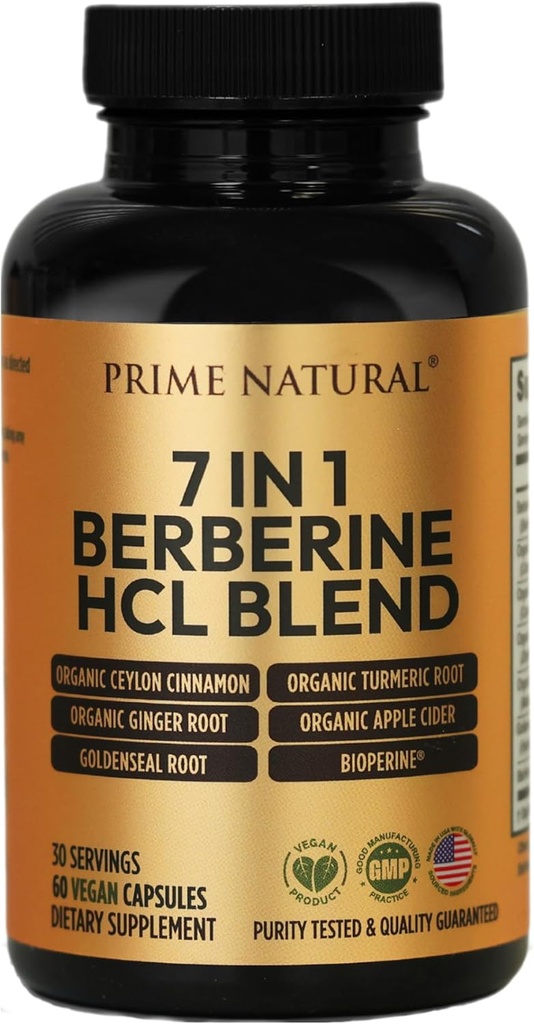 PRIME NATUREL Berberine HCl 600mg Ceylan biologique Cinnamon 400mg Turmère biologique 200mg Gingembre biologique 130mg Vinaigre de cidre de pomme biologique 65mg Graine de seigle d'or 6,5mg Biopérine 3mg