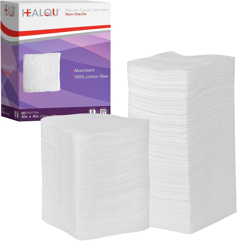 HEALQU 4x4 Gauze Pads - 12 Ply Woven Pack de 200 - Éponges chirurgicales ultra absorbantes non stériles pour le dressage, le débridement, le nettoyage et la préparation