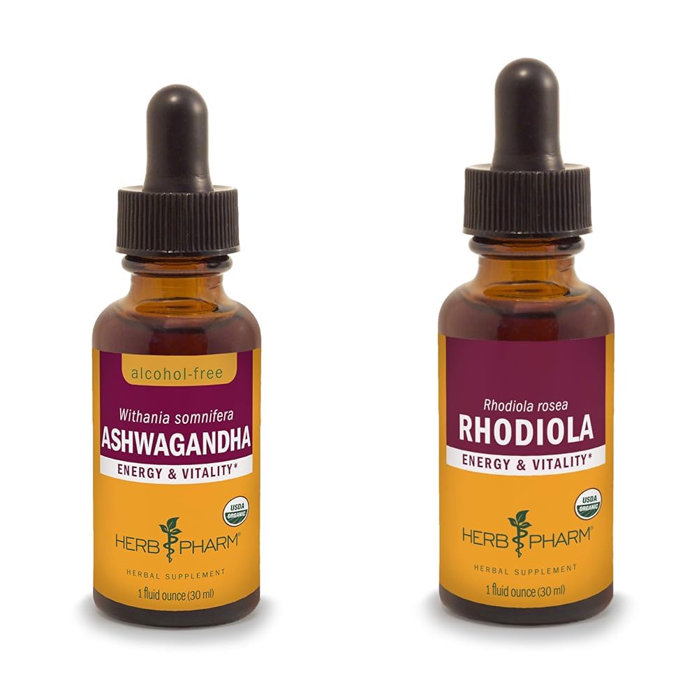 Extraits de racines d'Ashwagandha et de Rhodiola pour l'énergie, la vitalité, l'endurance et l'endurance, la glycérite sans alcool et l'alcool de canne biologique, 1 Oz Chaque
