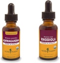 Extraits de racines d'Ashwagandha et de Rhodiola pour l'énergie, la vitalité, l'endurance et l'endurance, la glycérite sans alcool et l'alcool de canne biologique, 1 Oz Chaque