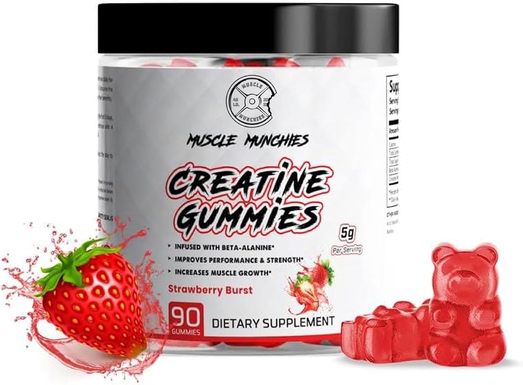 Muscle Munchies Créatine Gommies à croquer pour les hommes et les femmes-Infusé avec Beta Alanine-5g de Créatine par service-Augmentations Force, Endurance, & Recovery-Vegan, NonGMO (Strawberry Burst)