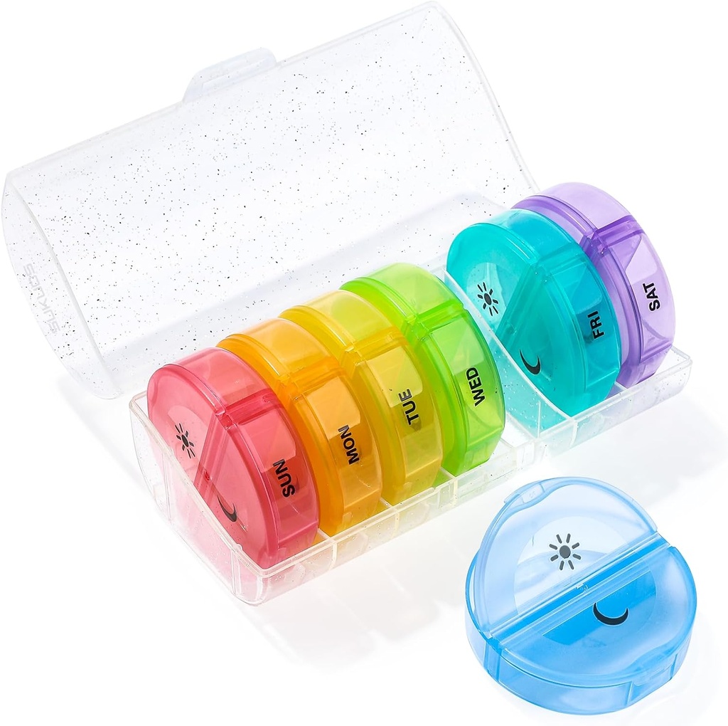 Sukuos Large Weekly Pill Organizer 2 fois par jour, quotidien Pill Box 7 Day Facile à ouvrir avec double protection, AM PM Pill Case pour la médecine/vitamine/huile de poisson/Suppléments (Glitter Clear)