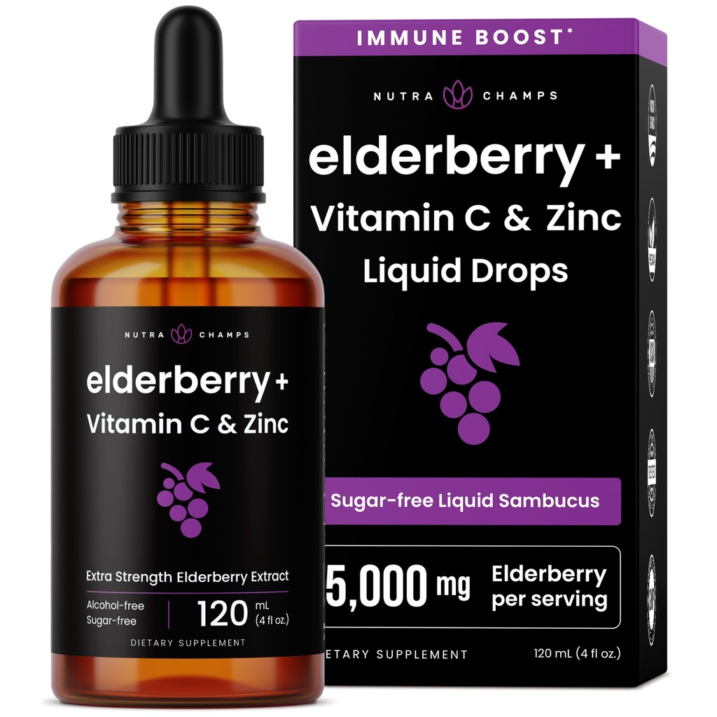 NutraChamps Sirop de baies aînées organiques - Extrait de baies aînées de 5000mg avec vitamine C et zinc - gouttes liquides de baies aînées noires - Booster d'immunité sans sucre, végétalien, sans gluten