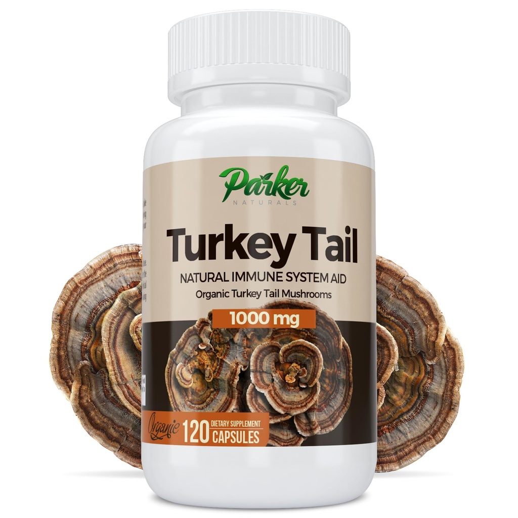 Parker Naturals Turkey Tail Mushroom Capsules - Supplément de champignons biologiques pour le système immunitaire de soutien de la santé - 1000 mg Suppléments de champignons Premium - 120 Capsules