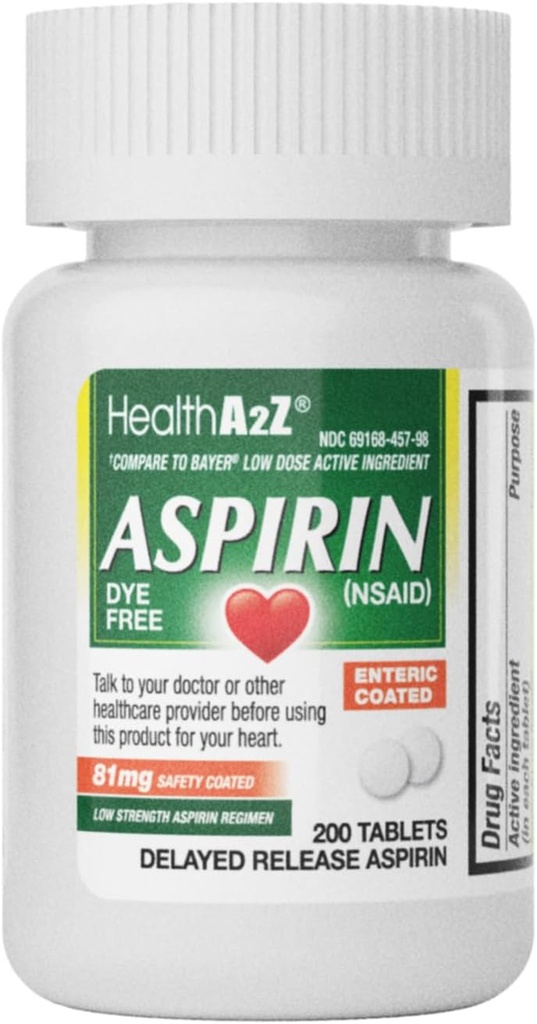 HealthA2Z® Aspirine 81 mg , sans DYE , faible résistance 200 comtes , soulagement de la douleur , réduit les douleurs musculaires mineures et les crampes , réducteur de fièvre , réduit les maux de tête