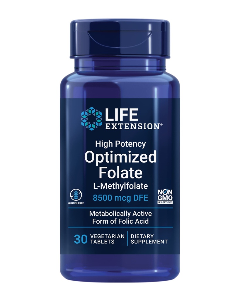 Extension de la durée de vie Folate optimisé à haute puissance – L-méthylfolate – acide folique, 8500 mcg DFE – Soutien du cœur et du cerveau, niveaux homocysténiques sains – sans gluten, sans OGM, végétarien – 30 comprimés