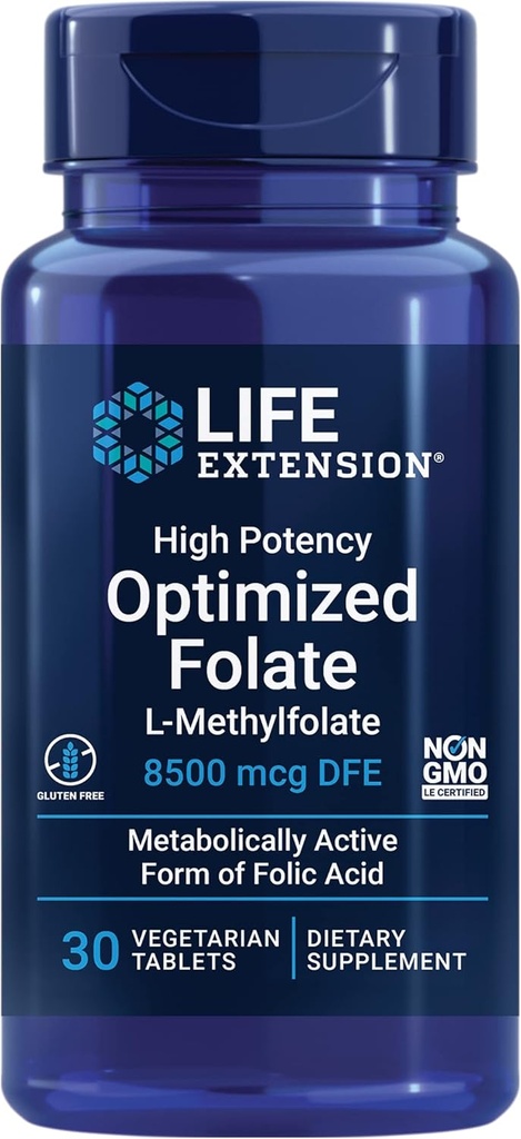Life Extension High Potency Optimized Folate – L-methylfolate – Folic Acid, 8500 mcg DFE – Heart & Brain Support, Healthy Homocysteine Levels – Gluten-Free, Non-GMO, Vegetarian – 30 Tablets