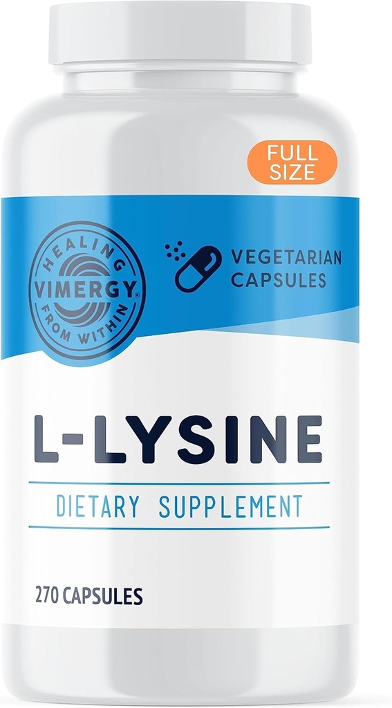 Vimergy L-Lysine – favorise la santé de la peau, des cheveux et des ongles* – soutient le métabolisme sain* – végétalien, sans OGM et sans gluten – 270 capsules