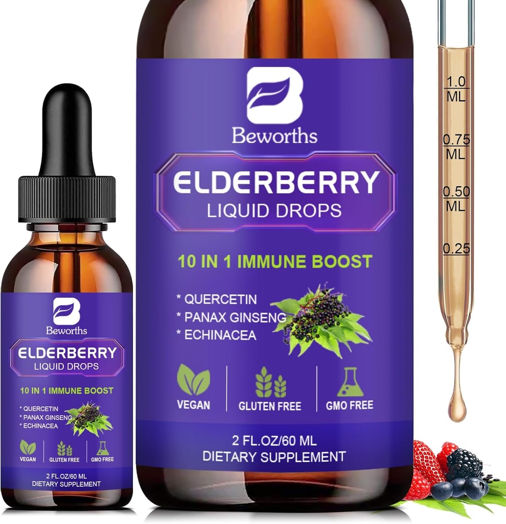Syrup de la mûre aînée Black Elderberry gouttes avec Quercetin, Panax Ginseng, vitamine C et zinc, Sambucus Sirop de la mûre aînée liquide, végétalien, non-OGM et sans gluten