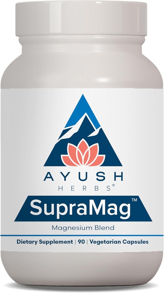 Ayush Herbes SupraMag - Mélange de magnésium, 400mg Supplément complexe de magnésium avec bisglycinate de magnésium chélaté, citrate, ororate pour la santé du sommeil, de l'énergie et du cerveau - 90 Capsules végétariennes (1 comte)