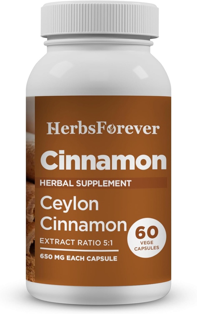 Herbsforever Ceylan Capsules de cannelle Supplément de soutien général au mieux-être Haute puissance 800 Mg Extrait 60 Capsules Vege