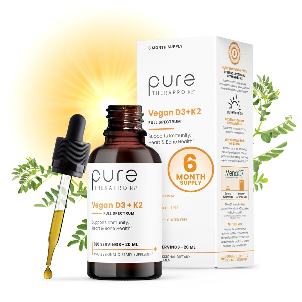Pure Therapro Rx Vegan D3 + K2 Organic 100 % Liposomal 20ml Fabriqué aux États-Unis. 6 mois d'approvisionnement.