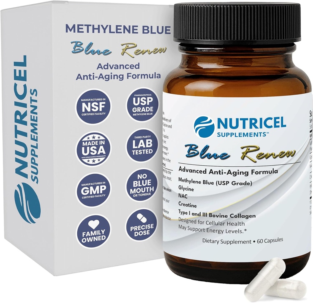 Capsules bleues de méthylène de nutrique avec ajout de Glycine + NAC (GlyNAC), Collagène et Créatine - Marque de confiance fabriquée en Amérique - 7mg (conforme à la référence de l'USP) - Testé par une tierce partie (60ct)