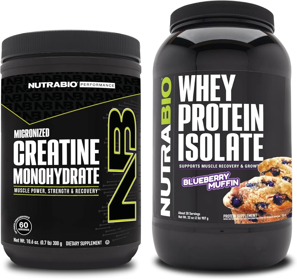 NutraBio Creatine Monohydrate, non aromatisé, 300g et Isolate de protéines de lactosérum, Muffin de la myrtille, supplément Bundle - Énergie musculaire, croissance musculaire maigre, récupération et force