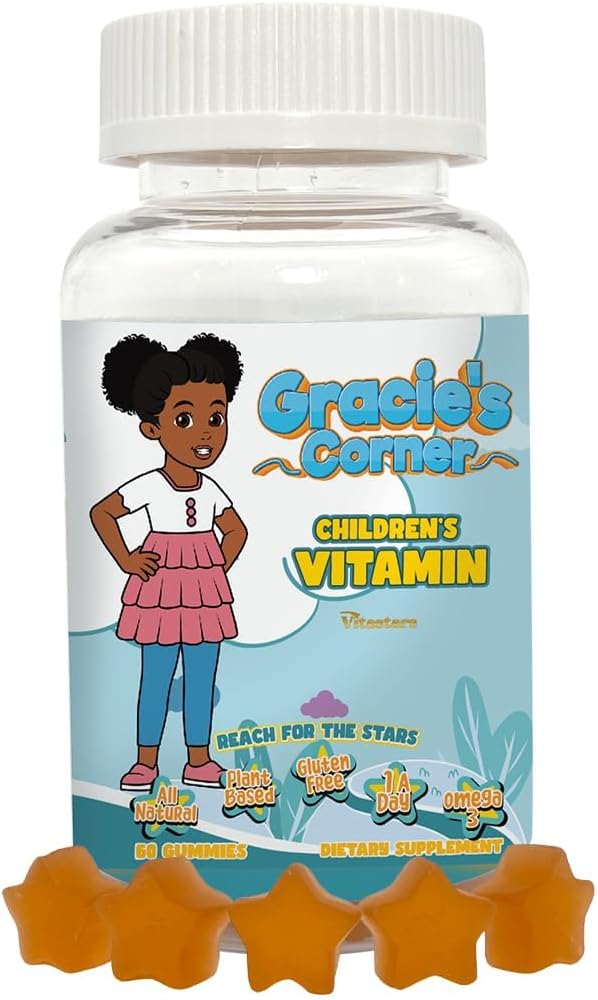 Gracie-S Corner Stars Kids Multivitamin Gummies with Omega 3 - Enfants - Vitamines A, B, C, D - Multivitamines pour enfants en forme d'étoile, à base de plantes, sans gluten Vitamines pour enfants, 60 Nombre