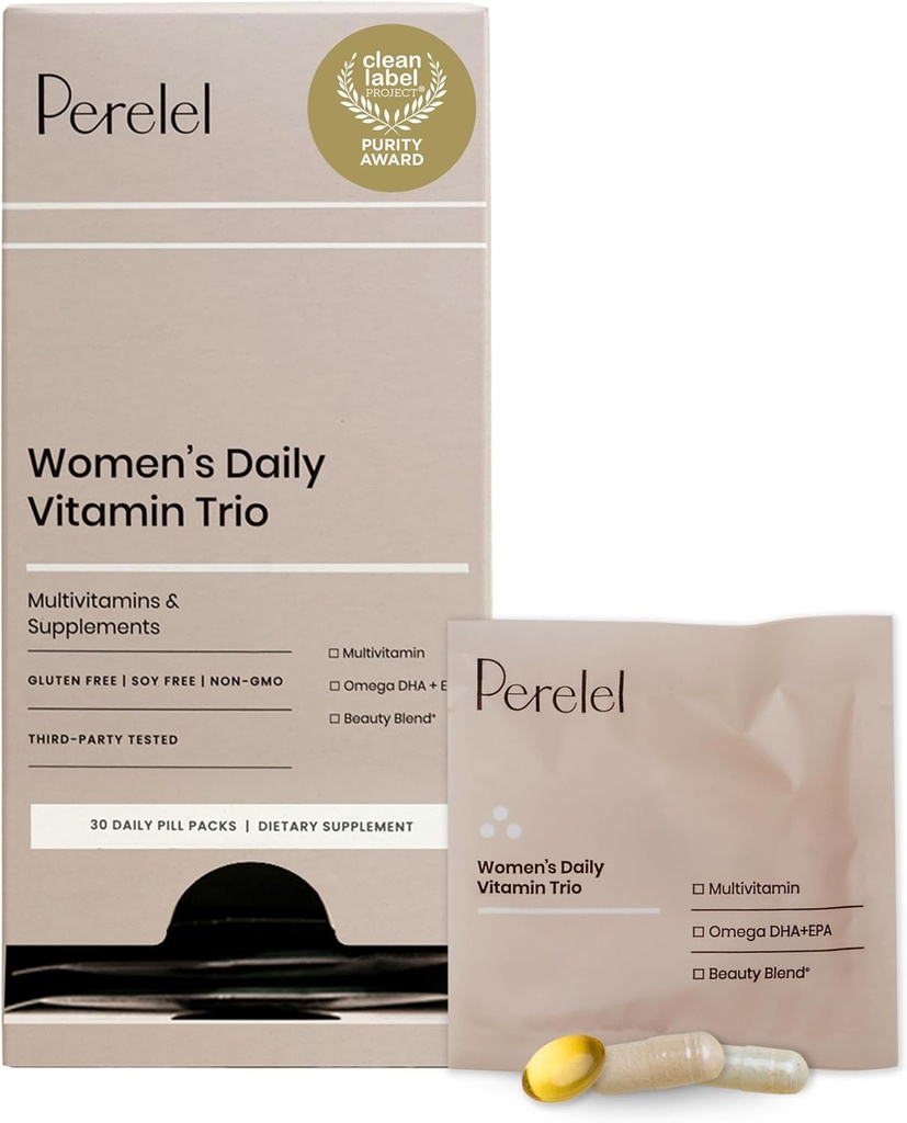 Perelel Femmes Trio quotidien de vitamine, multivitamine, Omega 3 Dha + EPA, & Suppléments de mélange de beauté pour le soutien des nutriments et le bien-être général, le soja, la laiterie et sans gluten formule non OGM, 30 Pill Packs quotidiens