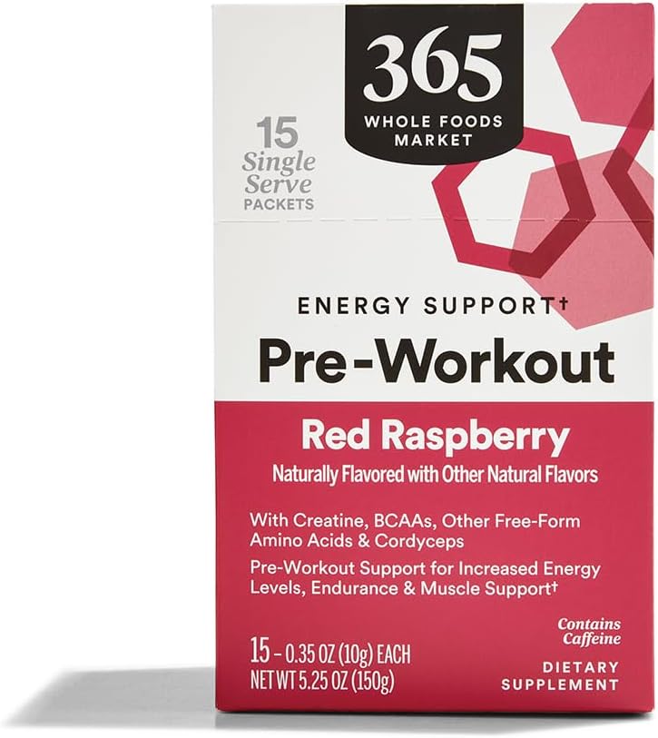 365 par le marché des aliments entiers, support énergétique pré-entraînement avec caféine, packs mono-serves, framboise rouge, 15 comtes