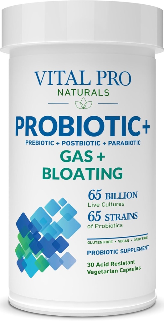 Vital Pro Naturals - Probiotiques de gaz et de ballonnement + Prébiotiques, Postbiotiques, Parabiotiques, Supplément de santé 4-en-1 pour les adultes, haute puissance, 65 souches, une fois par jour le soutien digestif et immunitaire, 30 ct