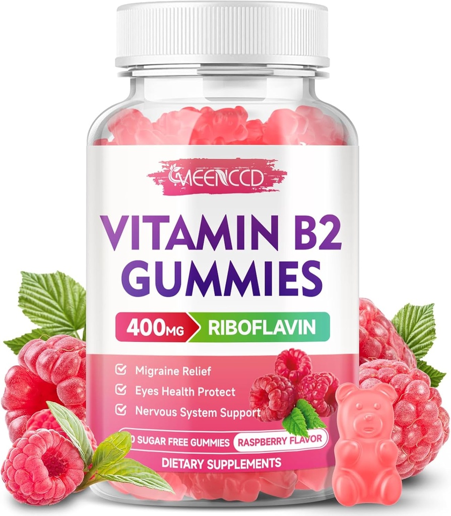 Vitamine B2 Gummies Riboflavine 400mg Supplément au magnésium pour les enfants et les adultes, B2 Gummies pour le soulagement de la migraine et le système nerveux support, végétalien, sans sucre, framboise parfum, 60 comte
